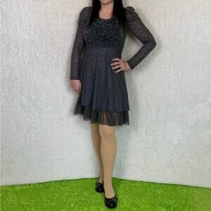 Ryu‎ Anthro grey bead and ruffle puffed sleeve sweater dress, small